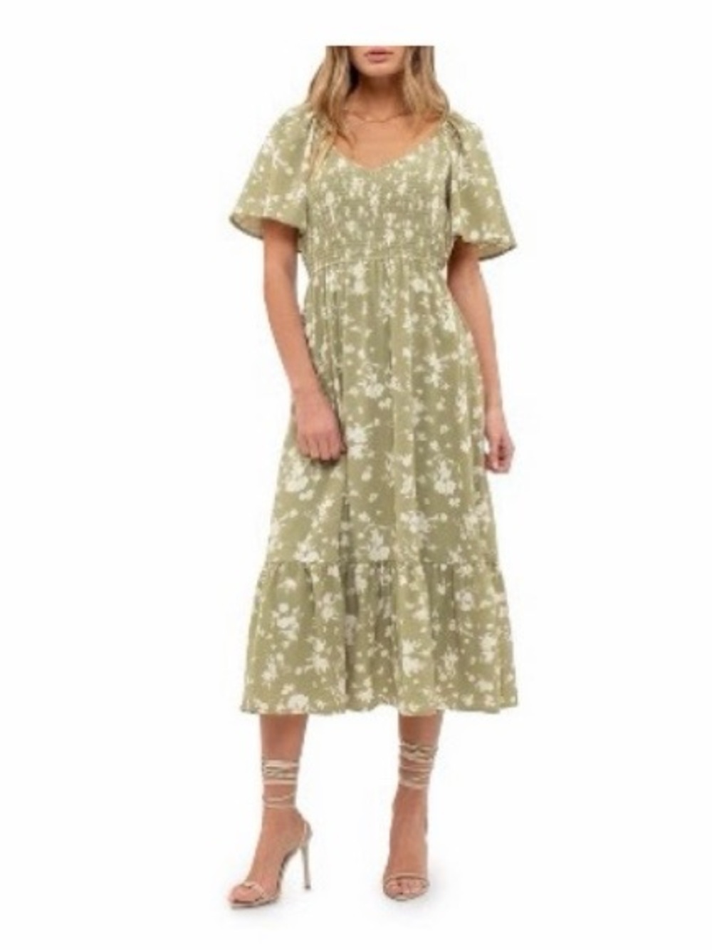 August Sky Floral Light Olive Green Midi Dress Size S